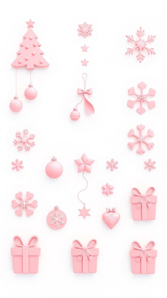 Aesthetic pink Christmas icons including a tree, ornaments, snowflakes, and gifts on a white background.